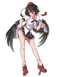  absurdres bare_hips bare_legs bird_wings black_hair black_skirt black_wings blush breasts buttons clothes_lift collared_shirt feathered_wings female frilled_skirt frills full_body geta gokuu_(acoloredpencil) hat highres holding holding_newspaper large_breasts looking_at_viewer miniskirt newspaper oerba_yun_fang open_mouth puffy_short_sleeves puffy_sleeves red_eyes red_footwear red_hat shameimaru_aya shirt shoes short_hair short_sleeves skin_fang skirt skirt_lift skirt_tug smile socks solo tengu-geta tokin_hat touhou white_shirt white_socks wings 