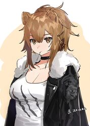  animal_ears arknights black_choker black_jacket breasts brown_eyes brown_hair choker cleavage female fur-trimmed_jacket fur_trim ierotak jacket lion_ears lion_girl medium_breasts mouth_hold open_clothes open_jacket ponytail siege_(arknights) simple_background solo tank_top twitter_username two-tone_background 