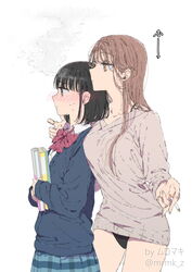  2girls :o artist_name black_hair black_panties blue_cardigan blue_skirt book bovine bow bowtie bra_strap breasts brown_eyes brown_hair cardigan cigarette collarbone collared_shirt commentary_request diagonal-striped_bow diagonal-striped_bowtie diagonal-striped_clothes dress_shirt embarrassed grey_sweater highres holding holding_book holding_cigarette large_breasts long_hair long_sleeves multiple_girls muromaki nervous_sweating original panties parted_lips plaid plaid_skirt pleated_skirt red_bow red_bowtie shirt short_hair simple_background skirt striped_clothes sweat sweater twitter_username underwear white_background white_shirt yuri 