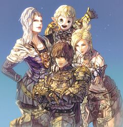  2boys 2girls adventurer_(ff14) armor asymmetrical_hair bimel_isabella blonde_hair blue_eyes braid final_fantasy final_fantasy_xiv gloves highres hyur lalafell lips long_hair looking_at_viewer minfilia_warde moenbryda_wilfsunnwyn monocle multiple_boys multiple_girls open_mouth paladin_(final_fantasy) papalymo_totolymo pointy_ears roegadyn short_hair side_braids sidecut undercut warrior_of_light_(ff14) white_hair yellow_eyes 