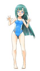  alternate_hairstyle ass_visible_through_thighs barefoot blue_eyes blue_one-piece_swimsuit blush breasts covered_navel female full_body green_hair hair_down highleg highleg_swimsuit kemono_friends kemono_friends_r long_hair multicolored_clothes multicolored_swimsuit naka_(nicovideo14185763) nose_blush oerba_yun_fang one-piece_swimsuit open_mouth simple_background small_breasts solo standing surprised swimsuit tomoe_(kemono_friends)_(niconico88059799) white_background 