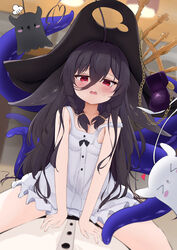  1boy ahoge aonossco azur_lane bare_arms bare_legs black_hair blush braid breasts collarbone commander_(azur_lane) commentary_request crown dress female hair_between_eyes hat heart heart-shaped_pupils highres huge_ahoge jewelry long_hair looking_at_viewer messy_hair open_mouth partial_commentary pirate_hat red_eyes ring ring_box sleeveless sleeveless_dress small_breasts solo_focus straddling straight strap_slip symbol-shaped_pupils tentacle tentacle_hair twin_braids very_long_hair wedding_ring white_dress whydah_(azur_lane) 