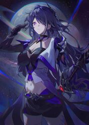  absurdres acheron_(honkai:_star_rail) belt black_belt breasts cleavage coat female highres honkai:_star_rail honkai_(series) krin_(krinnin) long_hair midriff multicolored_hair navel purple_eyes purple_hair solo stomach streaked_hair very_long_hair white_coat 