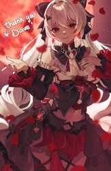  bare_shoulders black_bow black_sleeves blurry blurry_background bow breasts cleavage closed_mouth commentary_request commission depth_of_field detached_sleeves female hair_between_eyes hairbow hands_up highres honkai_(series) honkai_impact_3rd juliet_sleeves long_hair long_sleeves medium_breasts mofumanju nail_polish navel petals puffy_sleeves red_eyes red_nails red_skirt skeb_commission skindentation skirt smile solo standing thank_you theresa_apocalypse theresa_apocalypse_(luna_kindred) theresa_apocalypse_(lunar_vow:_crimson_love) very_long_hair white_hair 