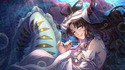  air_bubble artist_name bikini black_hair black_horns breasts bubble caustics chinese_commentary colored_inner_hair commentary_request fate/grand_order fate_(series) female forehead_tattoo grin hair_rings highres horns large_breasts long_hair long_sleeves looking_at_viewer mermaid_costume multicolored_hair multicolored_horns parted_bangs pink_hair pink_horns pink_ribbon ribbon ribbon-trimmed_sleeves ribbon_trim sessyoin_kiara sessyoin_kiara_(swimsuit_mooncancer) sessyoin_kiara_(swimsuit_mooncancer)_(third_ascension) smile solo streaked_hair swimsuit tin_(guanzi) two-tone_horns underwater water white_bikini white_sleeves white_veil wide_sleeves yellow_eyes 