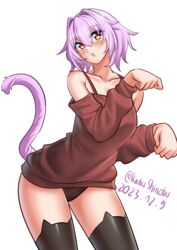  absurdres black_panties black_thighhighs brown_sweater cat_tail cowboy_shot dated female highres kantai_collection katou_shinobu looking_at_viewer one-hour_drawing_challenge panties parted_lips paw_pose pink_hair red_eyes short_hair simple_background solo standing sweater tail tama_(kancolle) thighhighs twitter_username underwear white_background 