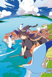  animal_ears beach beak bird black_cloak blue_sky boat bow broom broom_riding brown_hair cloak cloud cloudy_sky commentary_request ear_covers feline female grin hair_rings hat highres holding holding_broom horse_ears horse_girl horse_tail long_hair long_sleeves majo_no_takkyuubin midair mountain ocean outdoors parody purple_eyes red_bow sand sky skyline smile solo sweep_tosho_(umamusume) tail twintails umamusume v-shaped_eyebrows wahiko_(black_bastard) water watercraft wide_sleeves witch_hat 