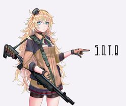  bike_shorts blonde_hair blush character_name collared_shirt commentary_request fabarm_sat-8 female girls&#039;_frontline gloves green_eyes gun gun_sling hair_ornament hairband italian_flag italian_flag_print long_hair looking_at_viewer massabou2 messy_hair pointing print_ribbon ribbon s.a.t.8_(girls&#039;_frontline) shirt shotgun shotgun_shell skirt sleeves_rolled_up solo two-tone_shirt very_long_hair weapon 