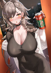  absurdres animal_ears arknights black_dress blush braid breasts can choker cleavage commentary_request covered_navel cowboy_shot dishui_tangni dress dutch_angle extra_ears female grey_hair highres holding holding_can huge_breasts long_hair long_sleeves looking_at_viewer parted_lips penance_(arknights) single_braid solo standing white_choker wolf_ears yellow_eyes 