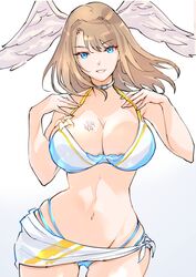  bikini bikini_tug blue_bikini blue_eyes breasts brown_hair chest_tattoo collar eunie_(xenoblade) female gradient_background head_wings highres large_breasts medium_hair navel swimsuit tattoo thigh_gap ug333333 white_collar wings xenoblade_chronicles_(series) xenoblade_chronicles_3 