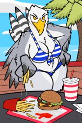  2:3 anthro avian beak big_breasts bikini bird breasts burger cleavage clothed clothing eye_contact feathers female food fries gull hi_res lari larid looking_at_another looking_at_viewer outside palm_tree plant smug solo stealing swimwear tree trout_(artist) white_body white_feathers 