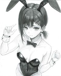  alternate_costume animal_ears bare_shoulders bow bowtie breasts breasts_apart chainsaw_man collarbone commentary_request covered_navel detached_collar english_commentary eyelashes fake_animal_ears female graphite_(medium) greyscale groin higashiyama_kobeni highleg highleg_leotard highres leotard looking_at_viewer medium_breasts mixed-language_commentary monochrome no_mole playboy_bunny rabbit_ears sakura_umituki short_ponytail simple_background single_sidelock solo strapless strapless_leotard traditional_media upper_body white_background wrist_cuffs 