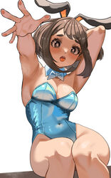  absurdres alternate_costume animal_ears arm_up armpits blue_leotard boku_no_hero_academia breasts brown_eyes brown_hair cleavage covered_navel detached_collar fake_animal_ears female highres leotard looking_at_viewer medium_breasts medium_hair open_mouth outstretched_arm playboy_bunny rabbit_ears sitting solo strapless strapless_leotard sweat uraraka_ochako white_background zd_(pixiv6210083) 