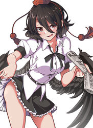  bare_hips bare_legs bird_wings black_hair black_skirt black_wings blush breasts buttons clothes_lift collared_shirt feathered_wings female frilled_skirt frills gokuu_(acoloredpencil) hat highres holding holding_newspaper large_breasts looking_at_viewer miniskirt newspaper oerba_yun_fang open_mouth puffy_short_sleeves puffy_sleeves red_eyes red_footwear red_hat shameimaru_aya shirt shoes short_hair short_sleeves skin_fang skirt skirt_lift skirt_tug smile socks solo thighs tokin_hat touhou white_shirt white_socks wings 