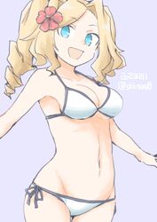  akara_kai bikini blonde_hair blue_eyes breasts cleavage cowboy_shot dated drill_hair female flower hair_flower hair_ornament halterneck hibiscus highres honolulu_(kancolle) kantai_collection looking_at_viewer medium_breasts open_mouth red_flower side-tie_bikini_bottom smile solo string_bikini swimsuit twintails twitter_username underboob white_bikini 