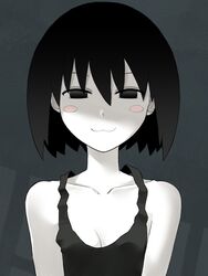  :3 bare_shoulders black_eyes black_hair black_tank_top blush blush_stickers bob_cut breasts cleavage closed_mouth collarbone commentary empty_eyes female grey_background hair_between_eyes highres kikumaru_bunta looking_at_viewer loose_clothes loose_shirt monogatari_(series) narrowed_eyes naughty_face no_bra oshino_ougi pale_skin portrait shaded_face shirt short_hair small_breasts smile smug solo straight-on tank_top 