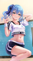  absurdres arm_up blue_eyes blue_hair blue_nails breasts character_name copyright_name crop_top cropped_shirt earrings female hair_ribbon hand_up high_side_ponytail highres hololive hololive_dance_practice_uniform hoshimachi_suisei jewelry midriff navel official_alternate_costume ribbon side_ponytail smile solo star_(symbol) star_earrings star_in_eye sweat symbol_in_eye thighs v virtual_youtuber wajuniorbox 