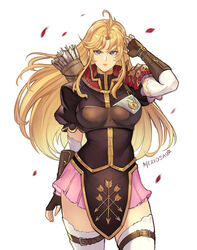  arrow_(projectile) artist_name blonde_hair blue_eyes breasts brown_gloves clarisse_(fire_emblem) closed_mouth commentary commission english_commentary female fingerless_gloves fire_emblem fire_emblem:_new_mystery_of_the_emblem gloves lips long_hair looking_at_viewer meziosaur parted_bangs petals pink_lips pink_skirt puffy_short_sleeves puffy_sleeves quiver short_sleeves simple_background skirt solo thighhighs white_background white_thighhighs 