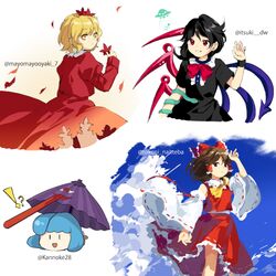  !? 4girls aki_shizuha arm_up asymmetrical_wings black_dress black_hair blonde_hair blue_hair blue_sky brown_hair cloud collared_shirt day detached_sleeves dress flat_chest frilled_hair_tubes frilled_ribbon frilled_skirt frills hair_ribbon hair_tubes hakurei_reimu holding holding_leaf houjuu_nue juliet_sleeves kaigen_1025 leaf long_sleeves medium_hair mismatched_wings multiple_girls nontraditional_miko open_mouth puffy_sleeves red_dress red_eyes red_ribbon red_skirt red_vest ribbon ribbon-trimmed_skirt ribbon-trimmed_sleeves ribbon_trim shirt short_hair short_sleeves skirt sky tatara_kogasa touhou ufo vest white_shirt white_sleeves wide_sleeves wings yellow_eyes 