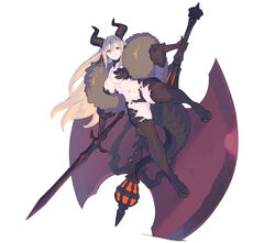  animal_ears axe blonde_hair boots breasts brown_gloves chimera_(dungeon_squad) commentary_request dungeon_squad enkyo_yuuichirou female full_body fur_scarf gloves highres holding holding_axe holding_sword holding_weapon hoof_shoes horns huge_weapon large_breasts long_hair monster_girl multiple_weapons navel planted planted_axe scales solo sword tail thigh_boots very_long_hair weapon white_background wind wind_lift yellow_eyes 