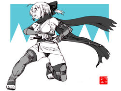  absurdres armor armpits artist_logo ass_visible_through_thighs bow breasts commentary english_commentary fate/grand_order fate_(series) female floating_hair greyscale_with_colored_background hairbow highres holding holding_sheath holding_sword holding_weapon japanese_armor japanese_clothes katana kimono kote kurokote looking_to_the_side medium_breasts mushroom_(osh320) ninja okita_souji_(fate) okita_souji_(koha-ace) on_one_knee open_mouth panties sarashi scarf sheath sheathed shinsengumi short_hair short_kimono short_ponytail sleeveless sleeveless_kimono solo suneate sword thick_thighs thighhighs thighs toeless_footwear underwear v-shaped_eyebrows weapon 