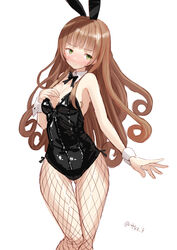  alternate_costume animal_ears ass_visible_through_thighs black_bow black_bowtie black_leotard blunt_bangs bow bowtie breasts brown_hair detached_collar feet_out_of_frame female fishnet_pantyhose fishnets green_eyes helena_(kancolle) highres kantai_collection leotard long_hair looking_at_viewer one-hour_drawing_challenge pantyhose playboy_bunny rabbit_ears simple_background small_breasts solo standing strapless strapless_leotard tetsukuzu_(yajirushi_shita) thigh_gap white_background wrist_cuffs 