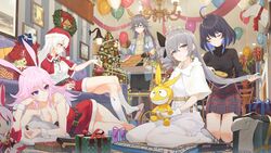  5girls absurdres ai-chan_(honkai_impact) animal animal_ears antenna_hair balloon bell belt black_belt black_hair black_shirt blue_eyes blue_hair box brushing_hair christmas christmas_tree closed_eyes coca-cola colored_inner_hair comb deer_ears drill_hair food fu_hua gift gift_box glasses grey_eyes grey_hair hair_between_eyes hat highres higokumaru holding holding_comb homu_(honkai_impact) honkai_(series) honkai_impact_3rd kiana_kaslana kiana_kaslana_(void_drifter) korean_commentary long_sleeves multicolored_hair multiple_girls official_art party pink_hair santa_hat seele_vollerei shirt shoes sitting skirt smile socks standing uwabaki white_hair white_socks yae_sakura 