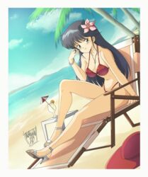  1980s_(style) ayukawa_madoka beach beach_chair bikini black_hair bracelet breasts chair danmakuman day female flower green_eyes hair_flower hair_ornament highres jewelry kimagure_orange_road knee_up legs long_hair looking_at_viewer lounge_chair necklace ocean outdoors palm_tree pink_flower red_bikini retro_artstyle sand sandals smile solo strappy_heels swimsuit toenails toes tree tropical_drink very_long_hair white_footwear 