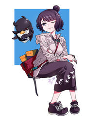  absurdres bag between_breasts blue_background blunt_bangs breasts commentary_request fate/grand_order fate_(series) female floating food full_body hair_bun hand_on_own_arm highres holding holding_food holding_pen hood hood_down hooded_jacket invisible_chair jacket katsushika_hokusai_(fate) katsushika_hokusai_(traveling_outfit)_(fate) knees_together_feet_apart large_breasts long_skirt long_sleeves looking_at_creature mushroom_(osh320) octopus one_eye_closed pen pigeon-toed purple_eyes purple_hair purple_skirt shoes shoulder_bag simple_background single_hair_bun sitting sketchbook skirt sneakers solo strap_between_breasts taiyaki tokitarou_(fate) two-tone_background wagashi wavy_hair white_background white_jacket 