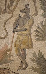  absurd_res ancient_art ancient_rome anthro antiquity anubis brown_body canid canine canis clothed clothing deity egyptian_mythology hi_res jackal male mammal middle_eastern_mythology mosaic mythology roman_empire shirt staff topwear traditional_media_(artwork) tunic unknown_artist white_eyes 