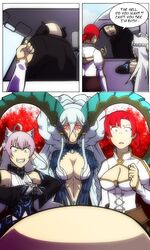  1boy 3girls angry animal_ears atalanta_alter_(first_ascension)_(fate) aura bald black_dress black_jacket blue_eyes boudica_(fate) breasts car collar collarbone cracking_knuckles cyborg detached_sleeves dress fate/grand_order fate_(series) gem highres jacket knocking large_breasts larva_tiamat_(fate) lazyartlazy12 medium_breasts metal_gear_(series) metal_gear_rising:_revengeance motor_vehicle multiple_girls navel oerba_yun_fang red_eyes short_hair sundowner_(metal_gear_rising) tiamat_(fate) van you_gonna_get_raped 