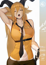  animal_ears anming arknights arm_up armpits asymmetrical_hair asymmetrical_sidelocks bare_arms bare_shoulders belt_buckle black_necktie blonde_hair breasts bright_pupils brown_horns buckle buttons chest_harness chinese_commentary cleavage collarbone collared_shirt commentary_request cowboy_shot crossed_bangs degenbrecher_(arknights) dress_shirt eyelashes female film_grain goat_ears goat_girl goat_horns good_morning green_pants groin hair_between_eyes hair_flowing_over half-closed_eye hand_in_own_hair hand_on_hilt hand_up harness highres hilt horns kjerag_logo large_breasts logo long_bangs long_hair looking_at_viewer midriff mountain navel necktie no_bra one_eye_closed open_mouth orange_shirt pants partially_unbuttoned shade shadow shirt sidelocks sleepy sleeveless sleeveless_shirt solo standing stomach straight_hair stretching swept_bangs teeth temperature timestamp toned tongue underbust upper_teeth_only very_long_hair weather white_pupils wing_collar yawning yellow_eyes 