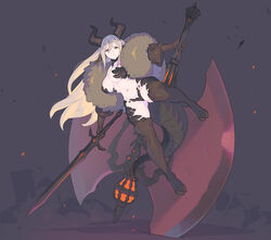  animal_ears axe blonde_hair boots breasts brown_gloves chimera_(dungeon_squad) commentary_request dungeon_squad enkyo_yuuichirou female full_body fur_scarf gloves highres holding holding_axe holding_sword holding_weapon hoof_shoes horns huge_weapon large_breasts long_hair monster_girl multiple_weapons navel planted planted_axe scales solo sword tail thigh_boots very_long_hair weapon wind wind_lift yellow_eyes 