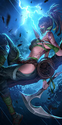  akali back_tattoo black_hair breasts female from_side highres hip_vent holding holding_scythe holding_weapon kama_(weapon) kunai league_of_legends liang_xing lightning mask medium_breasts motion_blur mouth_mask night night_sky ninja ninja_mask ponytail rain scroll scythe see-through see-through_mask shoulder_tattoo sickle sky solo tattoo weapon wet 