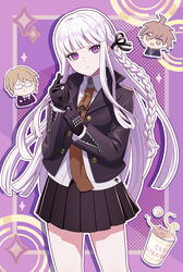  absurdres black_gloves black_jacket black_ribbon black_skirt blunt_bangs brown_necktie cowboy_shot danganronpa:_trigger_happy_havoc danganronpa_(series) female food glasses gloves grey_hair hair_ribbon highres itsumiruka jacket kirigiri_kyoko long_hair long_sleeves miniskirt naegi_makoto necktie nissin_cup_noodle noodles open_clothes open_jacket outline parted_lips pink_background pleated_skirt purple_eyes ramen ribbon shirt skirt togami_byakuya white_outline white_shirt 