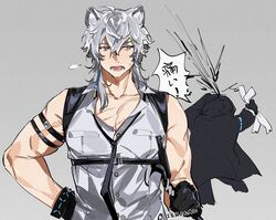  1boy 1other animal_ears arknights arm_strap black_gloves doctor_(arknights) gloves grey_background grey_hair hair_between_eyes holding hood hood_up ierotak leopard_boy male_focus open_mouth pectoral_cleavage pectorals scar scar_on_cheek scar_on_face shirt silverash_(arknights) sleeveless sleeveless_shirt snow_leopard_boy snow_leopard_ears sweat toned toned_male upper_body white_shirt 