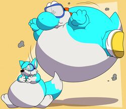  2018 3_toes 4_fingers after_transformation anthro belly belly_expansion biped blimp_fruit_(super_mario_galaxy_2) blue_body blue_fur blue_scales brown_eyes canid canine clothing cyan_yoshi digital_drawing_(artwork) digital_media_(artwork) dipstick_tail eating emanata expansion eyewear feet fingers floating food footwear fox fur geometric_background goggles happy head_spikes inflation inflation_fetish joltink male mammal mario_bros markings mostly_nude motion_lines multicolored_tail nintendo obese obese_anthro obese_male overweight overweight_anthro overweight_male reptile scales scalie shoes simple_background sitting smile snout solo species_transformation spikes spikes_(anatomy) surprise tail tail_markings thick_tail toes toony transformation white_belly white_body white_clothing white_footwear white_fur white_scales white_shoes yellow_background yellow_clothing yellow_footwear yellow_shoes yoshi 