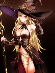  absurdres bare_shoulders blonde_hair breasts brown_background cleavage closed_mouth commentary detached_sleeves dress earrings female gold_panties halter_dress halterneck hand_up hat highres holding holding_staff jewelry kushinaka large_hat long_dress long_hair looking_at_viewer medium_breasts navel nijisanji panties showgirl_skirt solo staff standing symbol-only_commentary takamiya_rion takamiya_rion_(4th_costume) underwear virtual_youtuber witch_hat yellow_eyes yellow_panties 