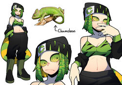  animal arrow_(symbol) bad_id bad_pixiv_id baggy_pants beanie black_headwear black_jacket black_pants blonde_hair boots breasts chameleon chameleon_girl chameleon_tail cigarette cleavage closed_mouth colored_inner_hair colored_sclera commentary english_commentary english_text female full_body gomulgong gradient_hair green_eyes green_footwear green_hair green_sclera hand_in_pocket hand_up hat highres jacket jacket_partially_removed lizard_tail looking_at_viewer looking_away monster_girl multicolored_hair multiple_views original pants personification reptile_girl ringed_eyes short_hair simple_background smoking standing tail tongue tongue_out two-tone_hair upper_body white_background yellow_eyes yellow_sclera 