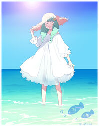  alternate_costume blue_sky closed_eyes commentary day dress female fire_emblem fire_emblem:_three_houses flayn_(fire_emblem) green_hair guttary hair_ornament hat long_hair open_mouth outdoors sky solo straw_hat symbol-only_commentary twitter_username wading water white_dress 