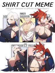  1boy 2girls bare_shoulders belt black_choker blue_eyes breasts choker claw_ring cleavage clenched_teeth collared_shirt dress_shirt earrings english_text from_below glasses gloves head_out_of_frame high_ponytail highres in_mouth jewelry large_breasts long_hair looking_down meme multicolored_hair multiple_drawing_challenge multiple_girls original partially_fingerless_gloves red_eyes red_hair revealing_clothes shen_(snakeping) shipl shirt shirt_cut_meme shirt_tucked_in sleeveless sleeveless_shirt sweat teeth underboob white_background white_hair white_shirt 