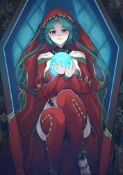  arabian_clothes bare_shoulders blush braid breasts fate/grand_order fate_(series) green_hair harem_outfit headdress heian highres holding holding_skull long_hair looking_at_viewer low_twin_braids nakaga_eri purple_eyes purple_nails red_robe red_thighhighs robe salome_(fate) sitting skull smile thighhighs twin_braids veil 