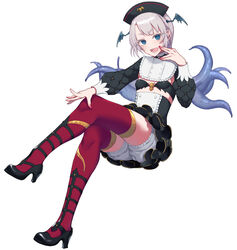  :d black_bra black_footwear black_hat black_skirt blue_eyes bra breast_cutout breastless_clothes breasts breasts_out colored_eyelashes commentary_request crossed_legs female framed_breasts full_body grey_hair hat head_wings high-waist_skirt high_heels highres indie_virtual_youtuber long_sleeves medium_breasts mole mole_under_mouth official_alternate_costume official_art open_mouth pink_nails pochi_(pochi-goya) pochimaru_(vtuber) pochimaru_(vtuber)_(3rd_costume) red_thighhighs salute sharp_teeth shrug_(clothing) simple_background skirt smile solo tachi-e teeth tentacle tentacle_hair thighhighs underwear virtual_youtuber vulcan_salute white_background wings 