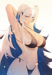  arm_behind_head armpits bikini black_bikini blue_eyes blue_hair braid breasts cleavage female french_braid hair_between_eyes large_breasts long_hair multicolored_hair original presenting_armpit shipl sideboob sidelocks solo swimsuit very_long_hair white_background white_hair 