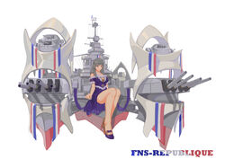  absurdres anti-aircraft_gun artillery bare_shoulders blue_eyes breasts character_name cleavage dress female french_flag grey_hair heart heart-shaped_pupils high_heels highres ladder long_hair original personification purple_dress republique_(wows) rigging shoes simple_background symbol-shaped_pupils turret two-tone_footwear white_background world_of_warships yukiale 