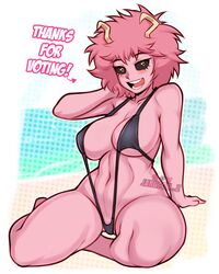  ashido_mina black_sclera blush boku_no_hero_academia colored_sclera colored_skin commentary_request female highres horns jakuson_z open_mouth pink_hair pink_skin short_hair simple_background slingshot_swimsuit smile solo swimsuit yellow_eyes 