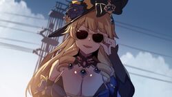  :d adjusting_eyewear bare_shoulders black_headwear blonde_hair blue_sky breasts cleavage cloud cyberpunk_(series) cyberpunk_2077 english_commentary facing_viewer female genshin_impact hand_up highres hinghoi large_breasts navia_(genshin_impact) open_mouth outdoors parody revision sky smile solo sunglasses upper_body 