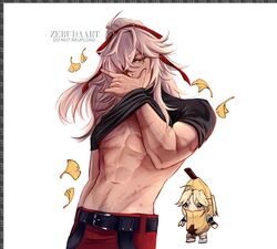  abs alternate_costume artist_name banana_costume belt black_shirt body_hair grey_hair hair_ornament hair_over_one_eye hair_ribbon honkai:_star_rail honkai_(series) jing_yuan long_hair male_focus meme mole muscular muscular_male navel pale_skin pants red_pants ribbon sad_banana_cat_(meme) shirt stomach yanqing_(honkai:_star_rail) yellow_eyes zerudaart 