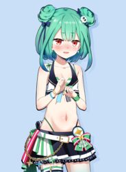  alternate_costume bare_arms bare_shoulders bikini bikini_skirt black_shirt blue_background blue_hair blush bow bracelet commentary cowboy_shot double_bun earrings embarrassed female flat_chest front-tie_bikini_top front-tie_top fuyumi_kazuki gradient_hair green_bikini green_hair hair_bun hair_ornament hair_ribbon highleg highleg_bikini highres hololive hololive_summer_2023_swimsuit jewelry layered_bikini medium_hair miniskirt multi-strapped_bikini_bottom multicolored_hair navel oerba_yun_fang open_mouth pleated_skirt red_eyes ribbon shirt sidelocks simple_background skin_fang skirt skull_earrings skull_hair_ornament solo stomach striped_bikini striped_clothes sweatdrop swimsuit thick_outlines thigh_strap uruha_rushia virtual_youtuber waist_bow wrist_cuffs 