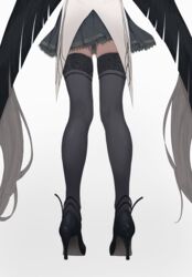  absurdly_long_hair absurdres arknights black_footwear black_hair black_thighhighs blunt_ends coat colored_inner_hair facing_away female from_behind grey_hair grey_skirt high_heels highres invisible_floor kneepits leg_focus leg_only legs long_hair lower_body made_in_zhejiang miniskirt multicolored_hair pleated_skirt shiny_clothes shiny_footwear shiny_legwear simple_background skindentation skirt solo standing straight_hair strappy_heels tailcoat thighhighs thighs two-tone_hair very_long_hair virtuosa_(arknights) white_background white_coat zettai_ryouiki 